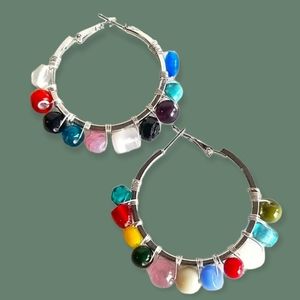 Hand Crafted Boho Colorful Glass Bead Wire Wrapped Hoop Earrings